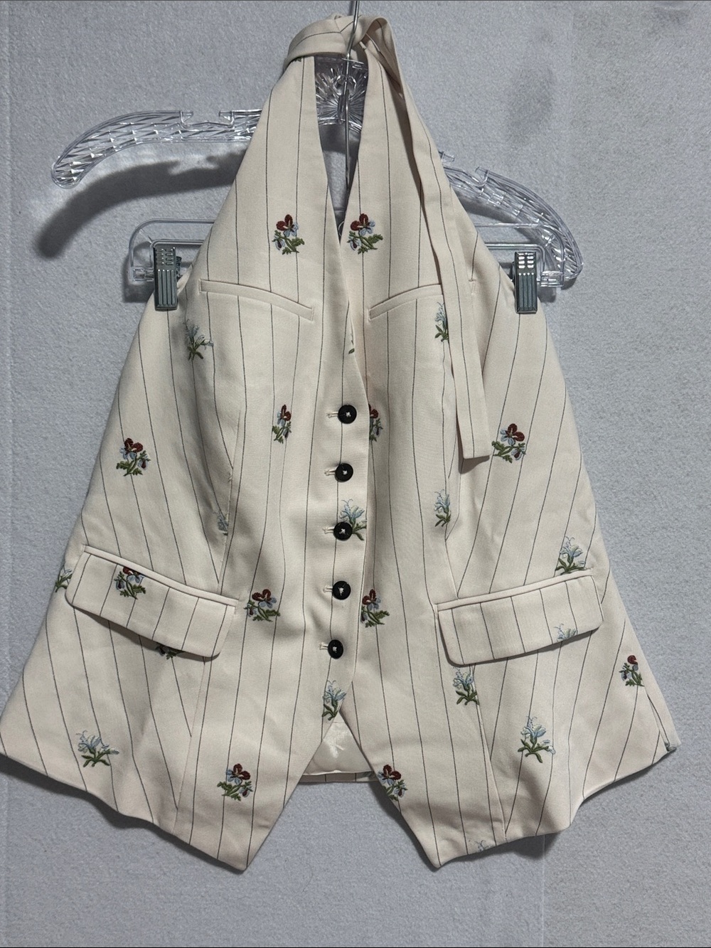 Maeve Cream Pinstripe Halter Vest with Floral Embroidery